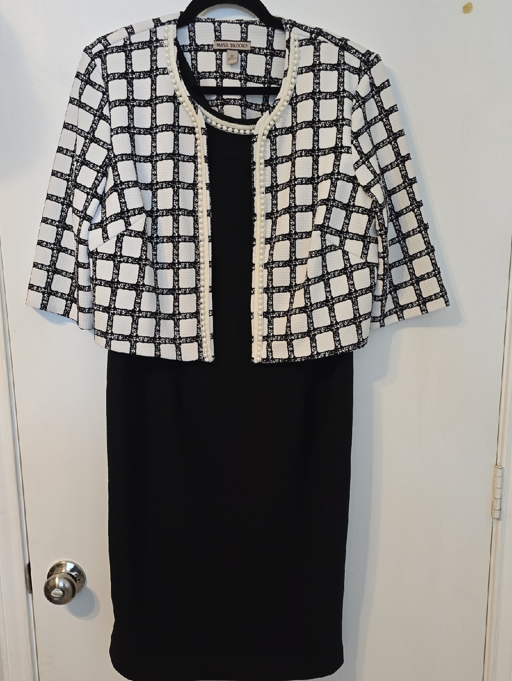 Maya Brooke Black Midi Dress with White Patterned Jacket